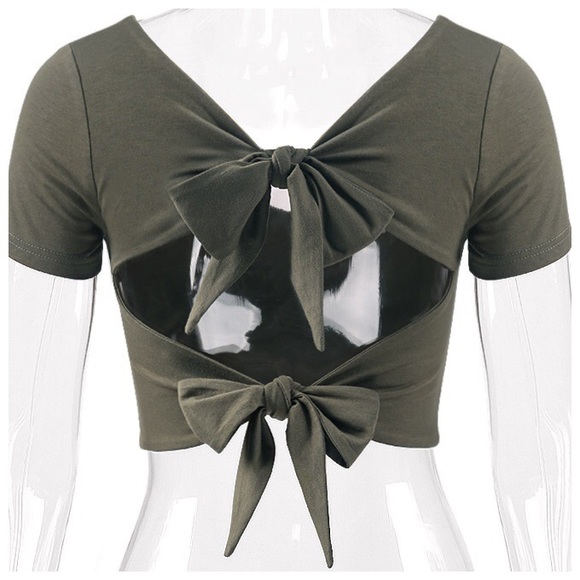 Green open back bow tie knotted v neck crop top - Picture 3 of 5